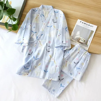 Poletni / Spring Japonski Kimono Pižamo Ženske Bombaž Gaza Strip Loungewear Proti-Vrat Tri Četrtine Sleepwear 2 Kos Housewear