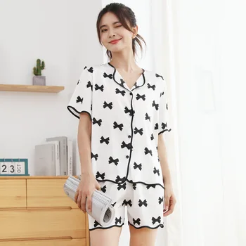 Tiskanje Lounge Wear Ženske Sleepwear Saten Pižamo Nastavite 2PCS Majica&Hlače Priložnostne More Pižame Poletje Novo Pijamas Obleko